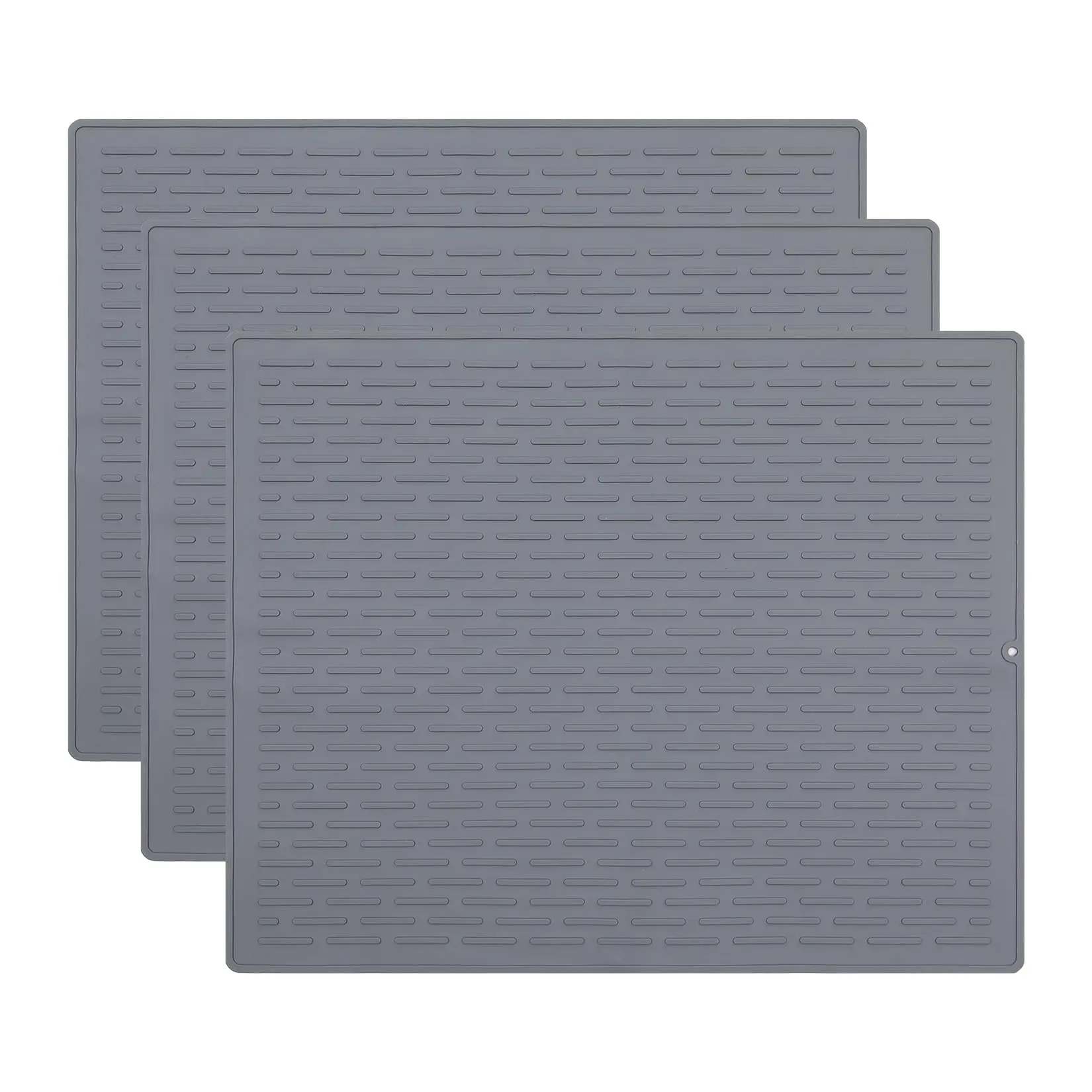 3pcs Thick Silicone Dish Drying Mat Set - Multi-Size (Small, Large, 3 Sizes) Gray Kitchen Draining Pads with Hanging Holes, Flexible, Heat-Resistant, Non-Slip, Fast-Drying for Countertop Protection, Tableware, Daily Use Coasters, Three Sizes