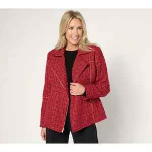 GRAVER Susan Graver Sequin Tweed Long-Sleeve Moto Jacket