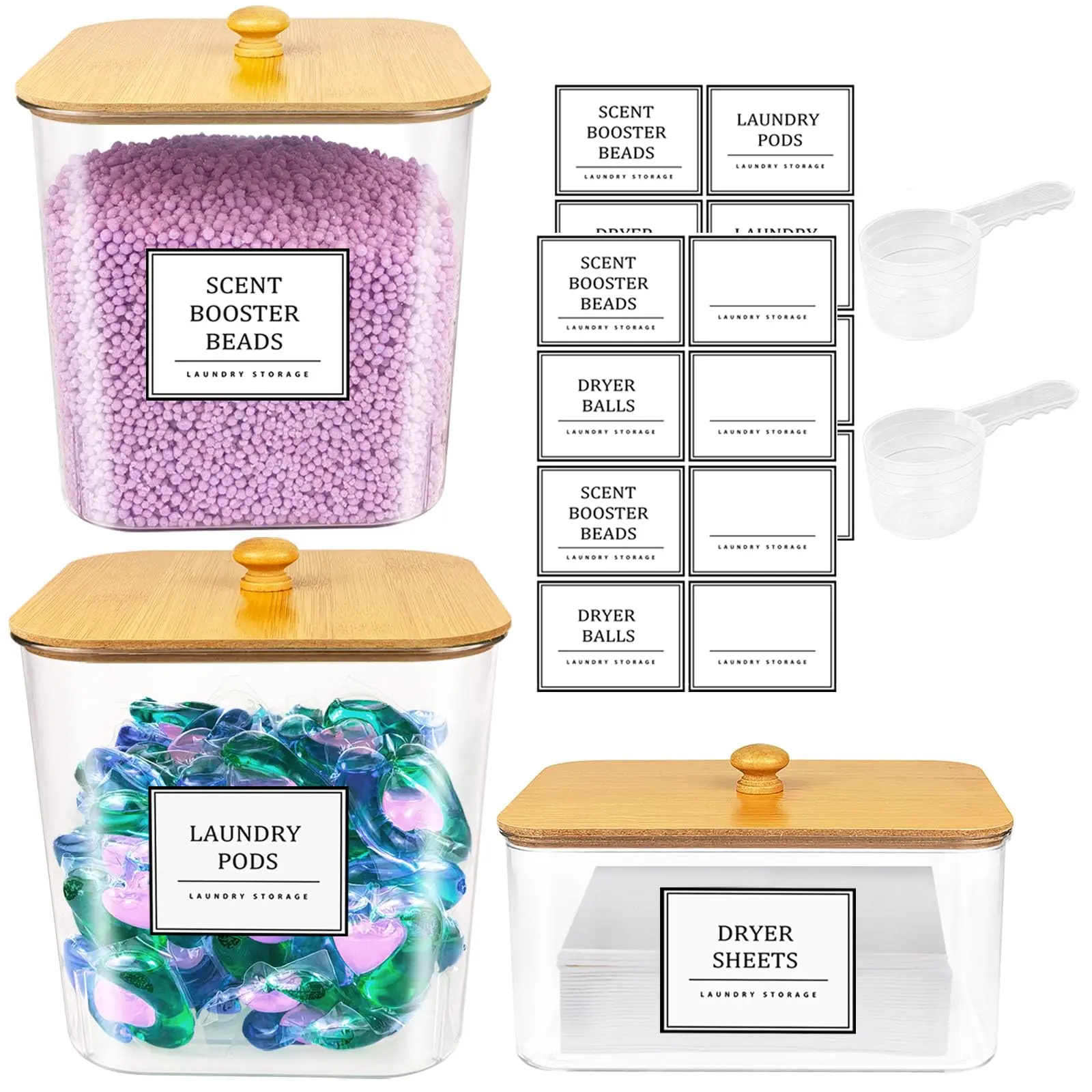 Laundry Room Storage Container, 1 Set Including 3 Counts Clear Laundry Pods Container & 2 Counts Spoons & Labels, Home Organizer for Bathroom, Storage Bottles, Plastic Containers