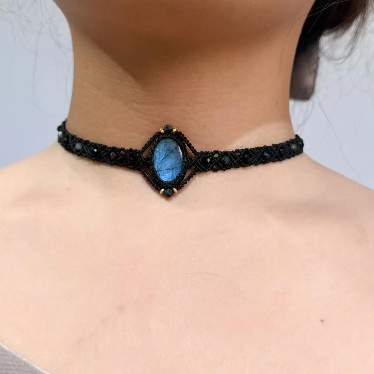Unisex Handcrafted Custom Made Labradorite Macrame Weave Magic Stone Necklace - Boho Ethnic Minimalist Natural Crystal Jewelry, Ethnic Natural Crystal Necklaces & Pendants, Made-to-Order Gift