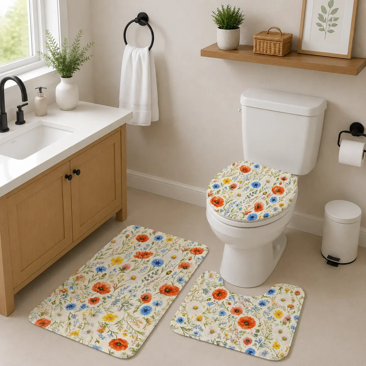 Floral Bathroom Rug Set 3PCS, Wildflower Non-Slip Bath Mat, U-Shaped Toilet Rug & Toilet Lid Cover, Botanical Bathroom Decor, Soft Bathroom Rugs for Farmhouse, Cottagecore & Vintage Home, accessories absorbent homedecor