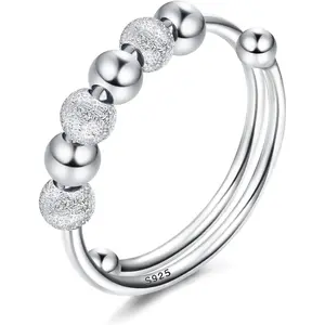 MILACOLATO 925 Sterling Silver Anxiety Ring Women's with Movable Beads Anti-Stress Ring Spinner Decompression Ring Adjustable Open Rings for Women