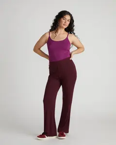 Women's Mola Lounge Pants, High Waisted Ribbed Micromodal Fabric with Hip Pockets and a No-Roll Waistband - Black Cherry