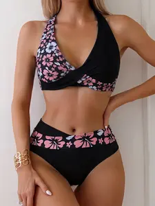 New Colorblock Bikini Set for Women, High-Waist Slim Fit Design, Sleeveless Wireless Style, Perfect for Pool Parties & Vacations, Colorblock Print Bikini