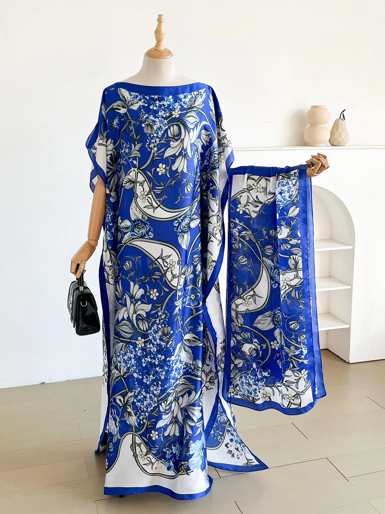 Women Floral Print Long Robe Set, Elegant Chic Style Loose Fit Scarf Shawl Moomoo Dress + Beach Summer Sun Protection Satin Silk Headband Elegance