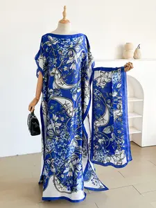 Women Floral Print Long Robe Set, Elegant Chic Style Loose Fit Scarf Shawl Moomoo Dress + Beach Sun Protection Satin Silk Headband