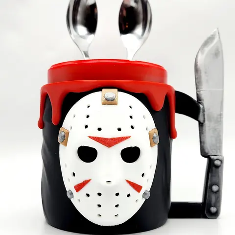 16oz 3D Printed Scary Horror Hockey Mask Ice Cream Pint Drink Holder - Kitchenware, Slasher Party Vibe, Blood-Design Knife Handle Grip, Fits Ben & Jerry’s & Häagen-Dazs Pints, Häagen-Dazs Fit, Includes Scoop, Halloween Accessory, Dessert Table Centerpiece