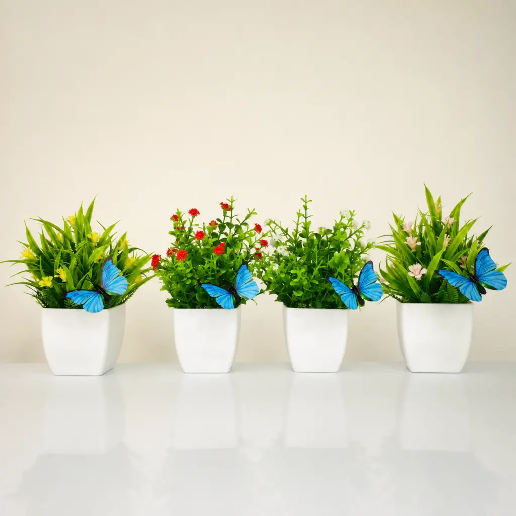 4 Pack Simulation Plant Mini Garden Artificial Eucalyptus Potted Plant With 4 Butterfly Decoration