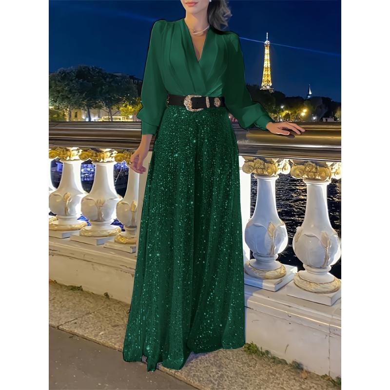 [Glamorous Emerald Dress] Elegant Emerald Green Sequined V-Neck Maxi Dress - A-Line Evening Gown for Women, Polyester Spandex Blend, Long Sleeve, Perfect for Spring & Fall, Glamorous Parisian Style, Fall Clothing | Aline Silhouette
