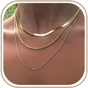 3PCS Gold Necklaces for Women,Chunky Statement Gold Plated Necklace Stack Layered Sterling Silver Herringbone Chains for Women Dainty Trendy Silver Chains Stacked Jewelry Gifts