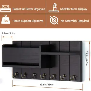 Wall-mounted storage rack, wooden wall-mounted storage rack 7 hooks, mail storage box, key glasses earphone storage rack, used for home decoration, room decoration, wall decoration, beautiful room, Heavy Duty Hooks