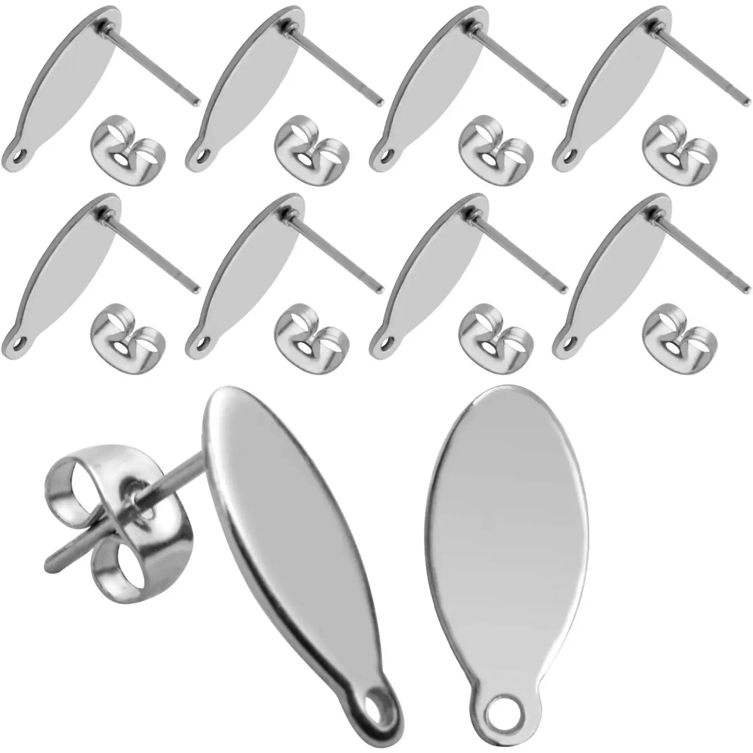 Stud Earring Findings - 20pcs Stainless Steel Oval Studs Blank Post with Loop and 20pcs Butterfly Backs for Making