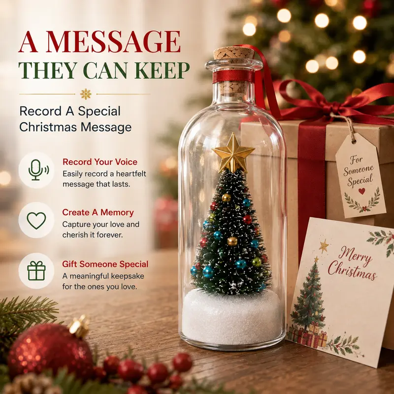 Recordable Christmas Message in a Bottle Ornament 8 Inch Voice Recording Holiday Keepsake with Playback Snowy Christmas Tree Scene Plastic Bottle Decoration for Tree Home and Gift,back to school,back to school haul-YY2