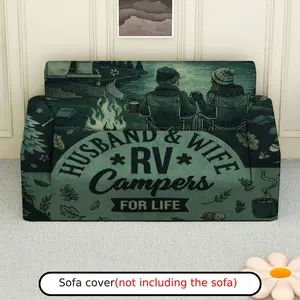 1Pc Husband Wife Camping RV Printed Scenic Lake Sofa Cover - Soft, Breathable with Elastic Fit, Machine Washable, Perfect for Living Room & Study Decor, Sofa Covers for Living Room.