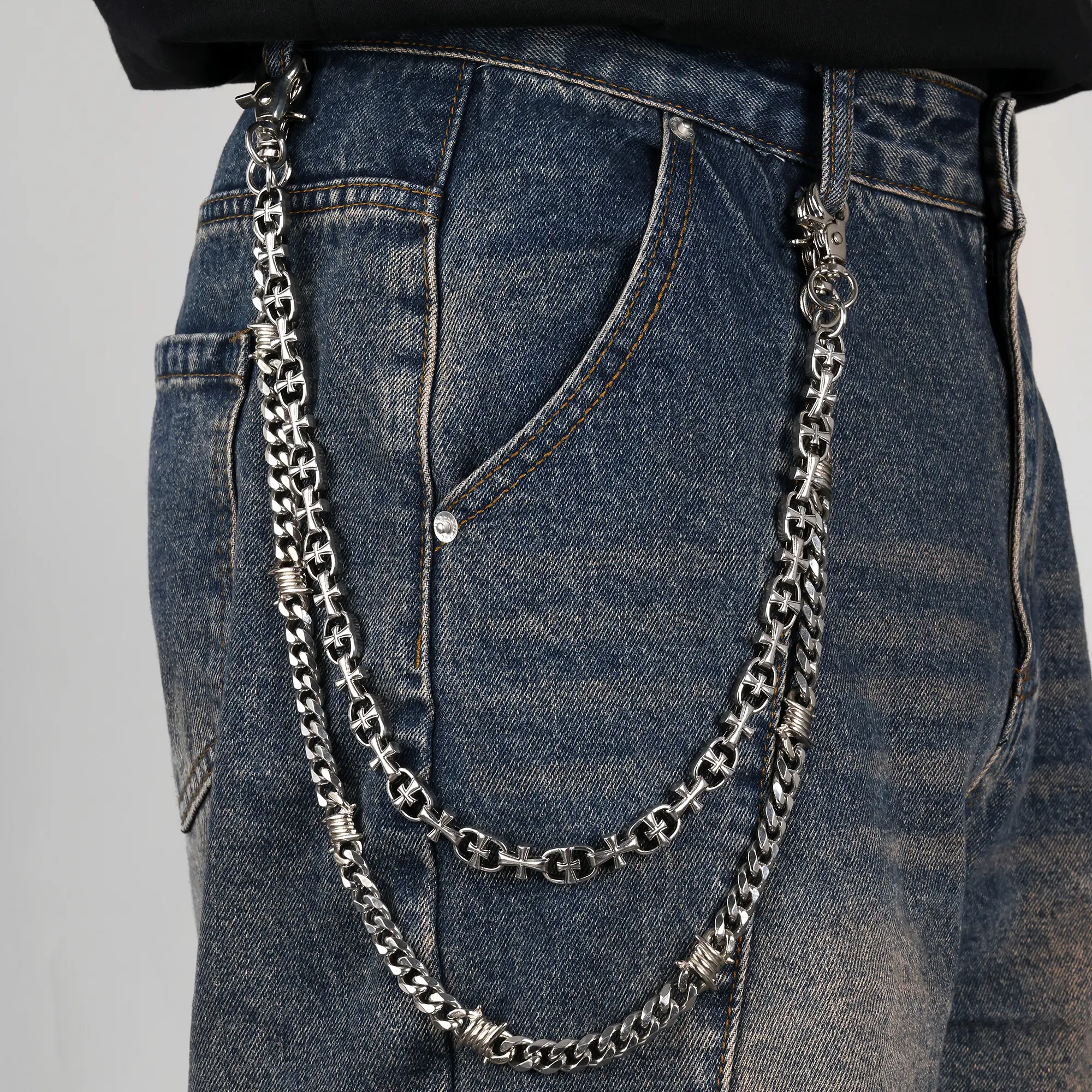 APORRO Street Utility Thorn Cuban & Crusader Link Wallet Chain Set | 21"+ 24" Lengths - Perfect Gift