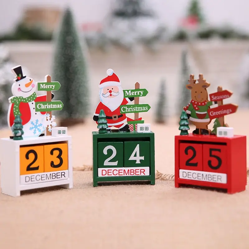 Wooden Christmas Countdown Calendar with Santa Reindeer Snowman Design, Holiday Decoration for Home Office Festive Display