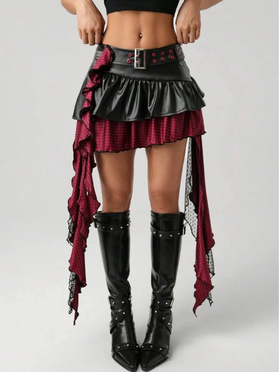 SHANIAH Women Y2K Black & Red Contrast Color PU Leather Punk Style Plaid Metal Waist Belt Lace Pendant Asymmetric Hem Mini Skirt Night Out