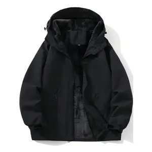 A black hooded windproof waterproof fleece thickened softshell jacket with fleece lining, ideal for winter outdoor activities and daily commuting, providing warmth and comfort.