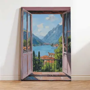 Window to Paradise | Canvas Art Poster - Italian Lake Como Oil Painting Poster, Mountain & Lake Landscape Wall Decor, Framed/Unframed Optional Travel Gift