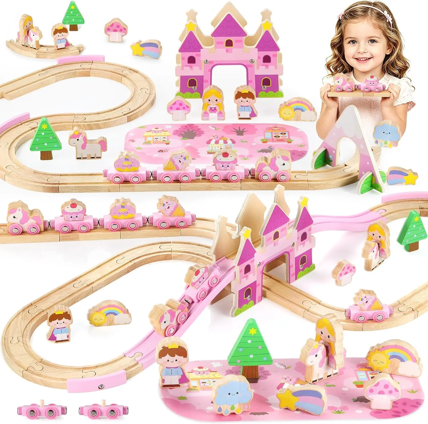 GAGAKU Wooden Train Set for Girls 2-6, 41 PCS Montessori Toddler Train Track Toys with Magnetic Cars, Castle Bridge, Tunnel & Play Mat, Educational Wooden Railway Set for Kids Girls Gifts