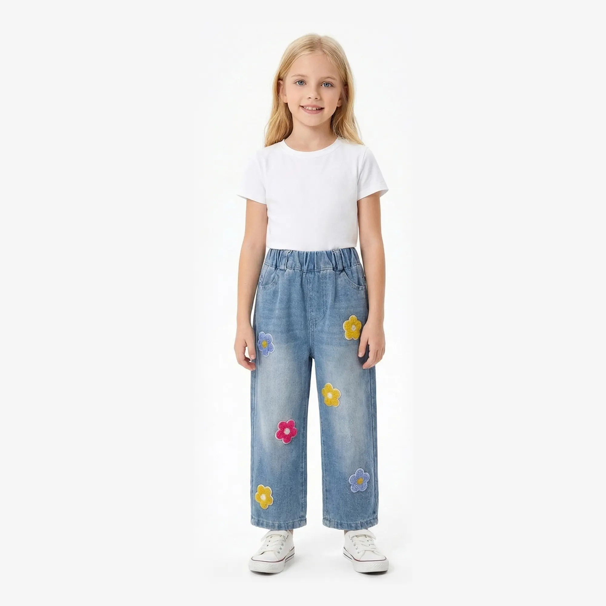 Girls Flower Embroidery Wide Leg Jeans, Toddler to Big Kids Retro Floral Denim Pants, High Waisted Elastic Waist Loose Trousers for Ages 3-12 Years Cowboy Girls'