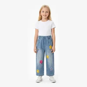 Girls Flower Embroidery Wide Leg Jeans, Toddler to Big Kids Retro Floral Denim Pants, High Waisted Elastic Waist Loose Trousers for Ages 3-12 Years Cowboy Girls'