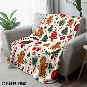 1pc Red Ultra-Soft Christmas Gingerbread Wonderland Print Flannel Throw Blanket - Cozy Gingerbread Men, Candy Canes & Snowflakes Design in Green, White & Brown - All-Season Warmth for Sofa,Cartoon Blanket Halloween and Christmas Gifts