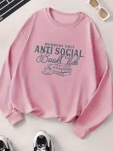 Anti-Social Book Club Letter Print Fleece Pullover Sweatshirt, Fall & Winter Casual Loose-Fit Round Neck Jumper, Vintage Holiday Style