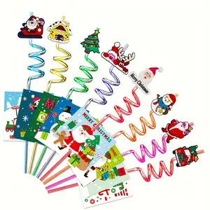 32-Piece Holiday Party Spiral Straws with Festive Greeting Cards, Reusable Plastic Drink Straws for Christmas Parties & Events