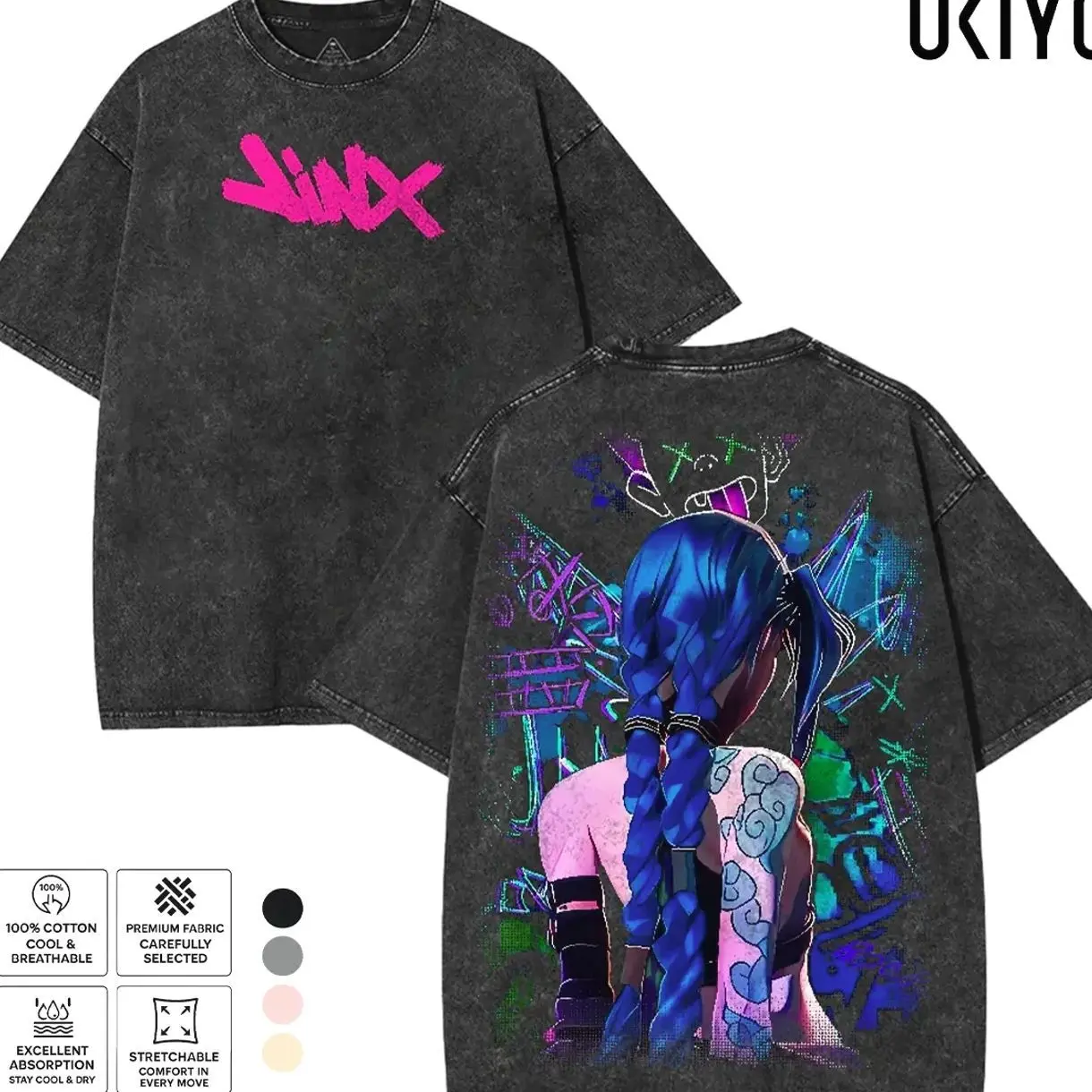 Retro Vintage Jinx x Powder Arcane League of Legends Shirt Heavyweight Acid Wash Cotton Oversized T-Shirt Anime Graphic Streetwear Tee LoL Merch Gift for Gamers SOK