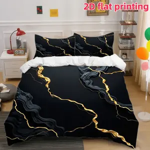 2D Flat 3Pcs Black Marble Gold Line Duvet Cover, Modern Abstract Bedding, Soft Microfiber Comforter with 2 Pillowcases (No Filling), for Adults Teen Room Decor Aesthetic.