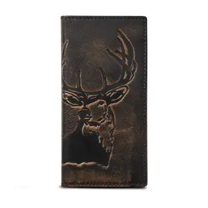 Men's Deer Long Bifold Wallet, Genuine Leather