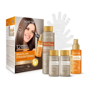 KATIVA Brazilian Keratin Straightening Kit - Alisado Brasileño Keratina + Potion 4 Heat Protectant Serum, Smoothing, Anti Frizz, Hyaluronic Acid, Argan Oil, Vegan, Up to 12 Weeks