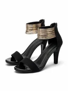 Statement Gold Cuff Stiletto Sandals | Black Open Toe Heels | Mob Wife Aesthetic Metallic Ankle Strap Heels | Night Luxe Evening & Party Shoes for Women