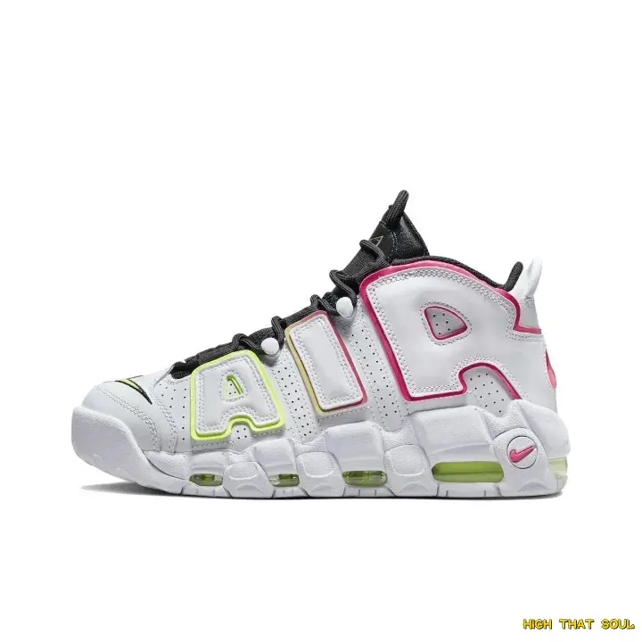 White colorful outlined unisex high-top sneakers. Leather upper with multicolor stitching letters and breathable holes. Visible air cushion brings comfy shock absorption, rubber sole fits daily casual street wear.