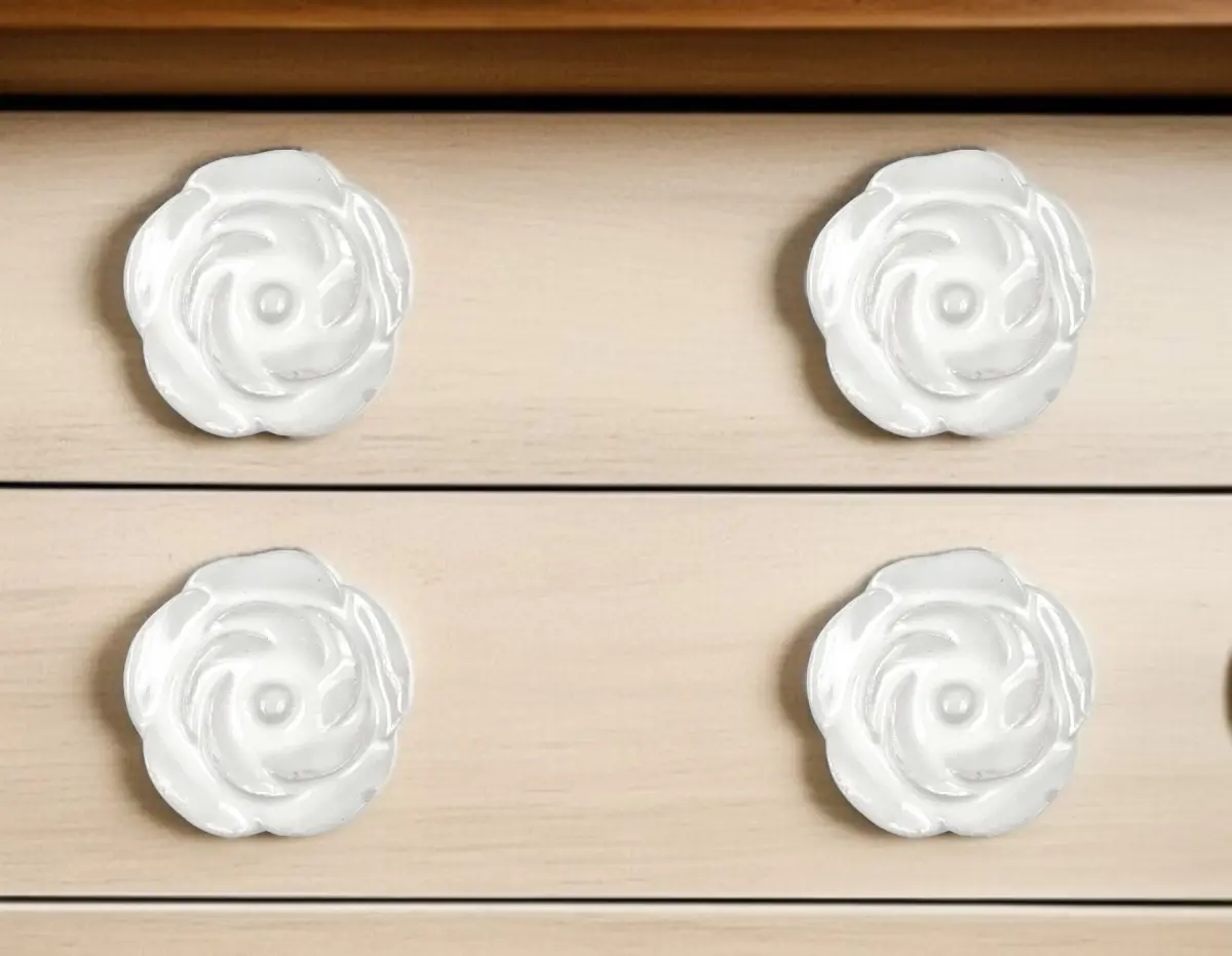 HomeRoots 6-Piece Durable White Ceramic Carved Floral Shape Drawer Pull Knobs - Artisanal Design, Hand-Painted Dresser & Door Hardware, Easy Installation with Included Screws, Room Decor Accessories