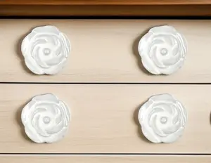 HomeRoots White Ceramic Flower-Shape Drawer Pull Knobs - 6-Piece Carved Hand-Painted Dresser & Door Hardware, Includes Screws, Room Decor Accessories