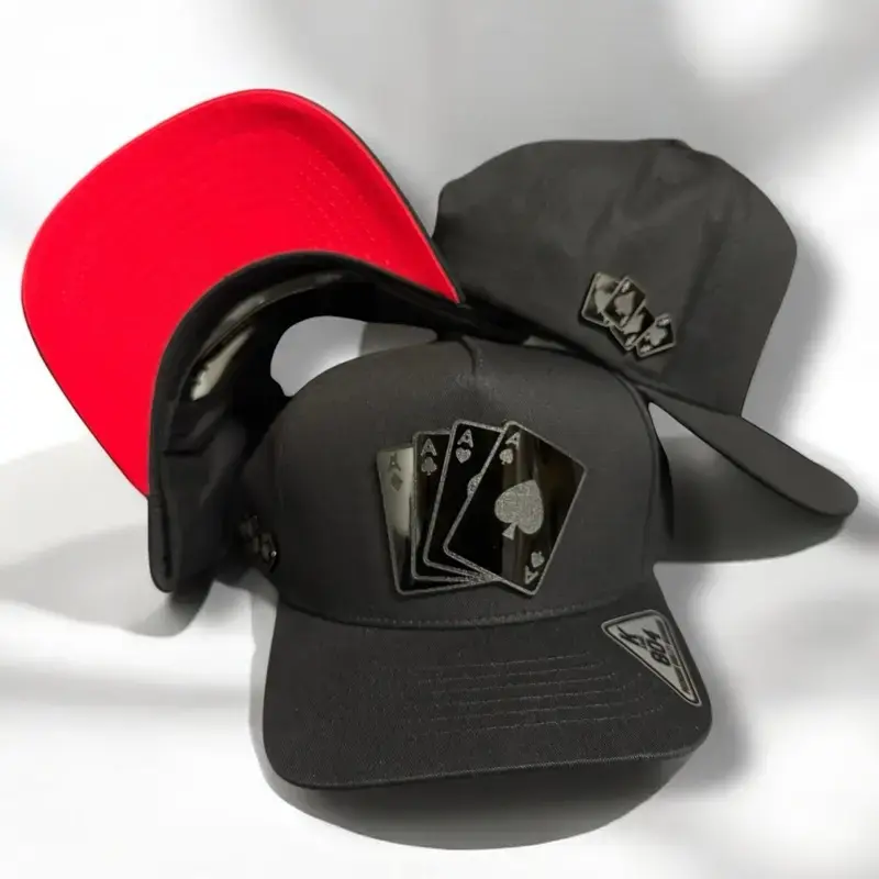 Black Poker Snapback Hat – Premium Metal Playing Cards Embellished Flat Brim Cap, Adjustable Unisex Streetwear Baseball Hat, Luxury Hip Hop Fashion