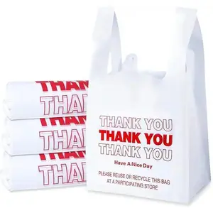 300-Count Recyclable Material Thank You T-Shirt Bags with Convenient Handles, 11"x6"x21" Waterproof Plastic Bags for Grocery & Small Business Use, White
