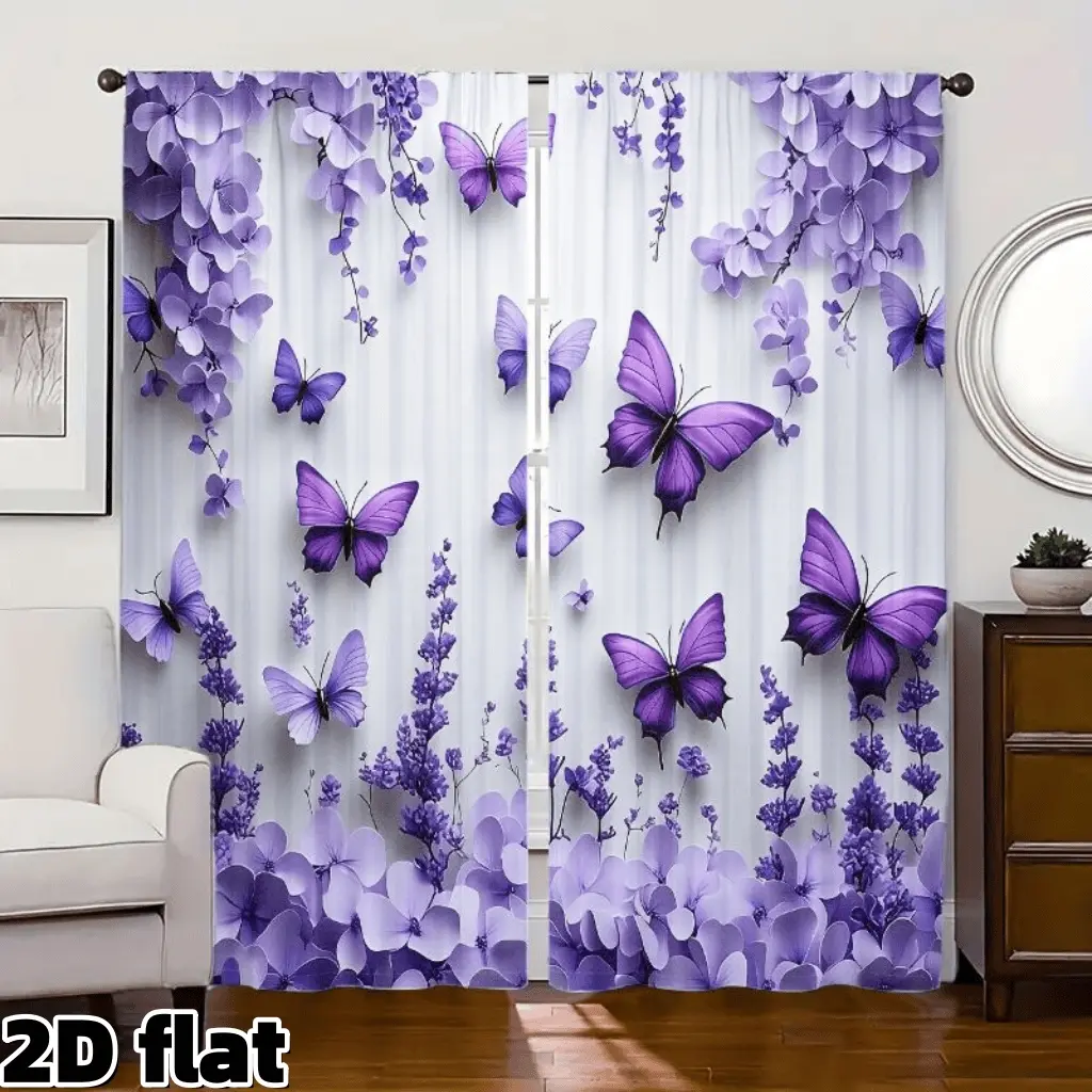 2D Flat 2Pcs Purple Butterfly Floral Curtain Panels, Romantic Lavender Pattern, Semi Sheer Rod Pocket Design, Garden Theme, Modern Home Decor for Living Room Bedroom, Home Decoration Window Curtain, Home Decorative Curtain, Window Drapes