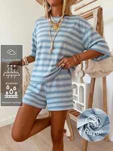 Women's Comfortable Blue Striped Two-Piece Set, Loose Short Sleeve Top & Shorts, Casual Home Wear, Summer, Party Dress, Everyday