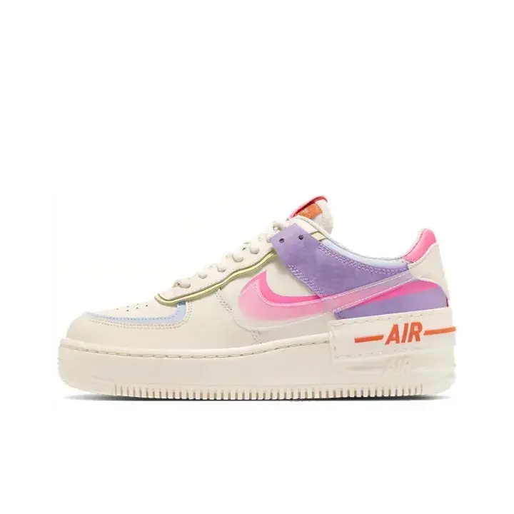 Cream white pink lavender gradient platform Air Force 1 low sneakers, sweet unisex hypebeast street kicks, pastel layered leather overlays, pink side swoosh, orange "AIR" printed heel tab, thick elevated rubber midsole, stitched textured upper,