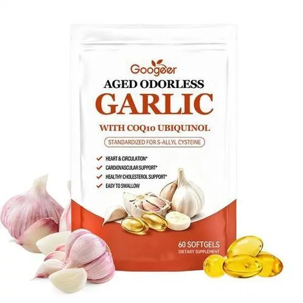 Odorless Aged Garlic Extract 600mg Softgels with CoQ10, Daily Garlic Supplement for Heart Health and Antioxidant Support, 60 Softgels