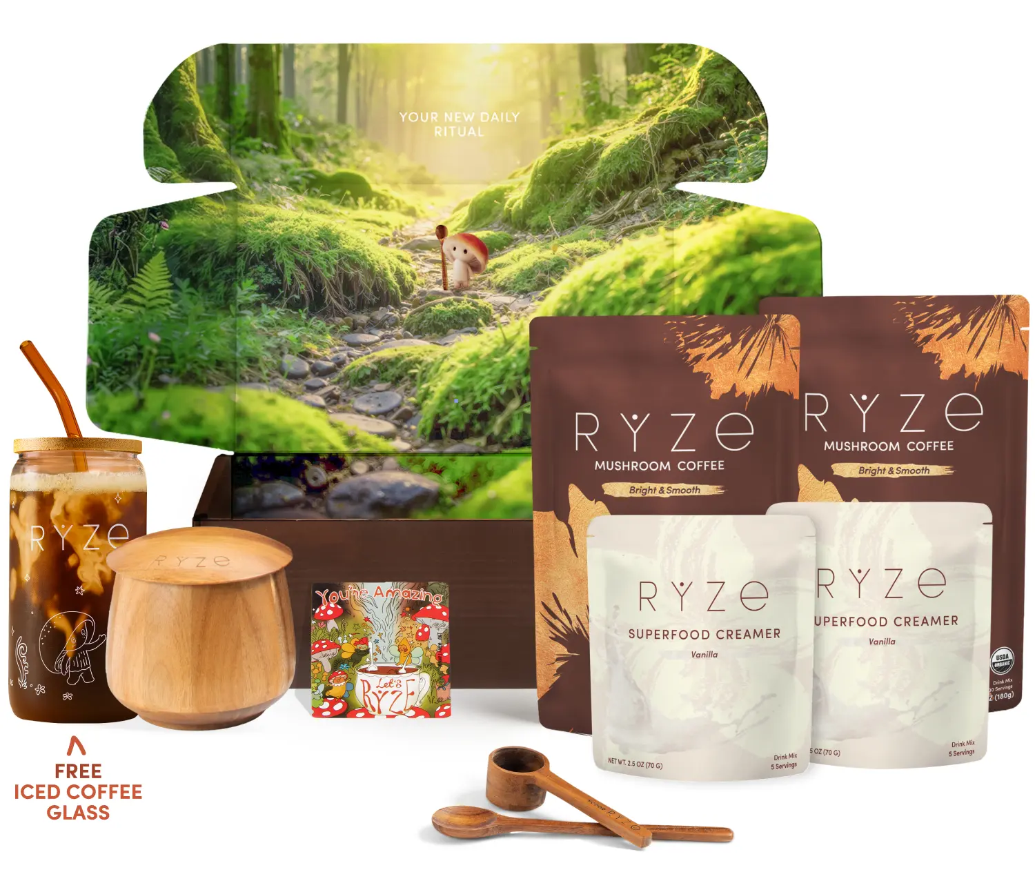 The RYZE Collection - Mushroom Coffee Bundle with Two Bags Medium Roast Coffee, Two Bags Vanilla Cashew Creamer, Jar, Scoop, Spoon, Frother, Glass, and Affirmations Book