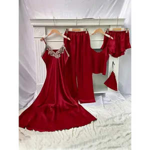 [Elegant Pajama] 5pcs Elegant Pajama Set for Women | V-Neck Solid Color Sleepwear with Lace Detail, All-Season 100% Polyester, 90gsm Woven Fabric, Includes Camisole, Shorts, Pants, and Storage Bag Loungewear Womenswear Homewear Pjs Sleeveless Red