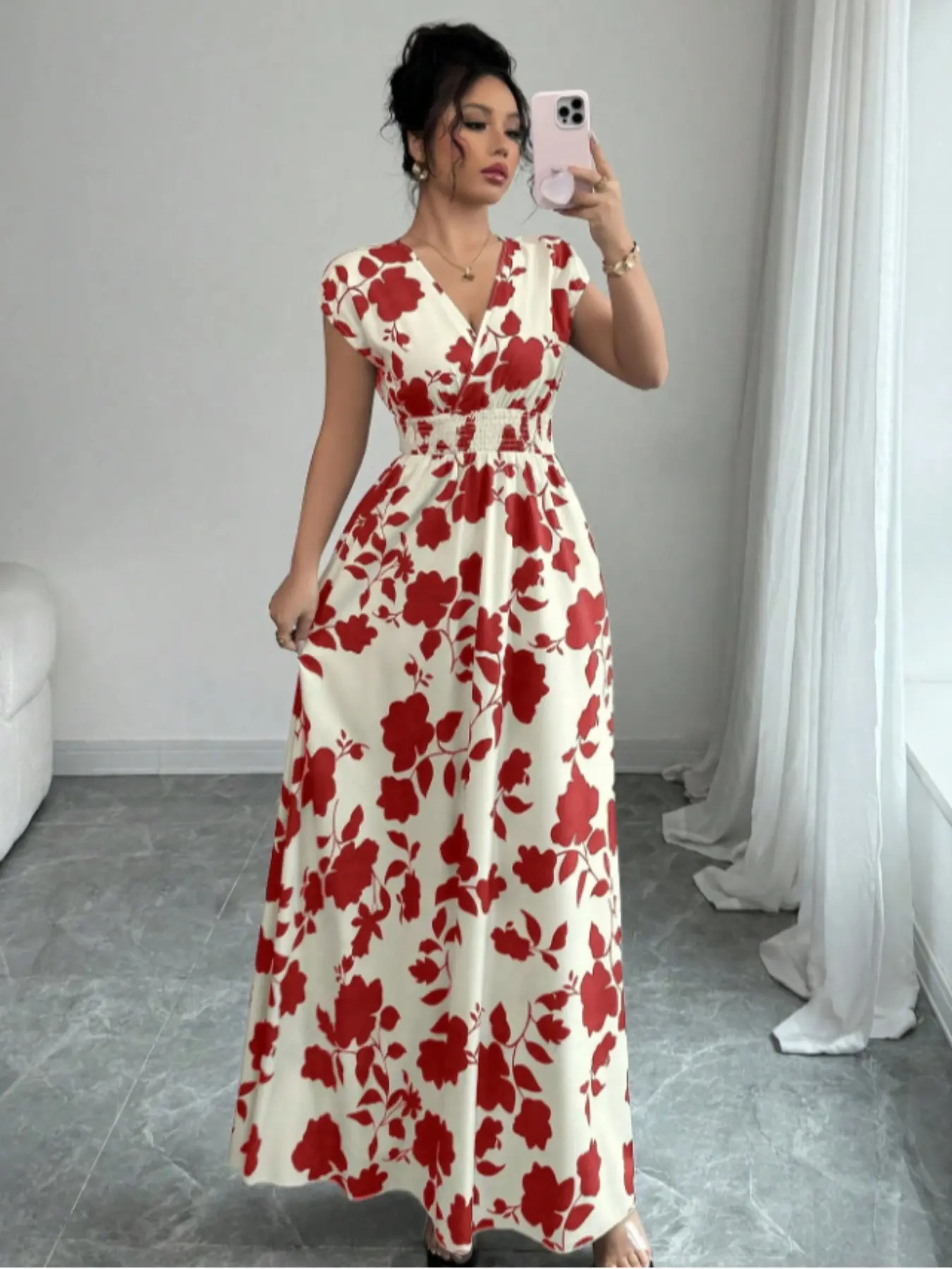 Elegant Women's Summer Dress, Womenswear, V Neck Fitted A-Line Batwing Sleeve, Floral Print, Leaf, Casual Fashion Style, Perfect for Daily Wear & Special Occasions, Casual Chic Dress - TikTok Shop Elegant Women's Summer Dress, Womenswear, V Neck Fitted A-Line Batwing Sleeve, Floral Print, Leaf, Casual Fashion Style, Perfect for Daily Wear & Special Occasions, Casual Chic Dress - TikTok Shop