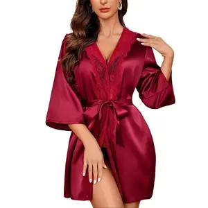 Avidlove Women's Kimono Robe Short Satin Pure Short Silky Robes Super Soft 3D Stereo Cut Adjustable Belt Elegant V-Neck Floral Lace Bathrobe for All Seasons SpringStatements