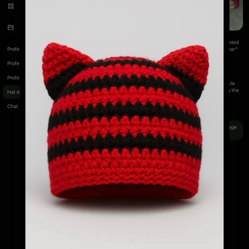 Crochet Cat Ear Beanie - Red and Black Striped Design for Fun and Cozy Wear