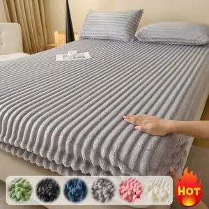 Faux Rabbit Fur Striped Fitted Sheet 3-Piece Set, Bed Sheets – Soft Warm Solid Color Bedding (Includes 1 Fitted Sheet + 1/2 Pillowcases), All-Season Use, Perfect for Bedroom Dorm Sofa & Home Decor, Christmas Gift