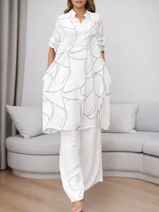 ZANZEA Women's 2-Piece Woven V-Neck Floral Print Shirt & Trouser Outfit, Casual Loose-Fitting Suits for Everyday Comfortable Wear, Cozy Set